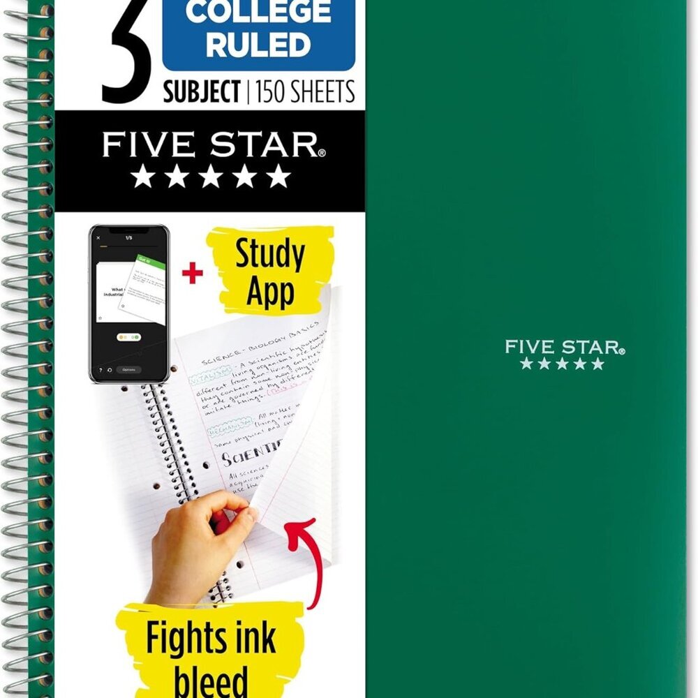 Spiral Notebook + Study App, 3 Subject, College Ruled Paper, Fights Ink Bleed, W